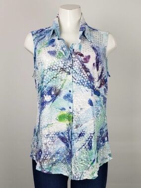 DAVID CLINE Top Blu Green Purple Collar Slveless Unique Silver Accents Sz L XL